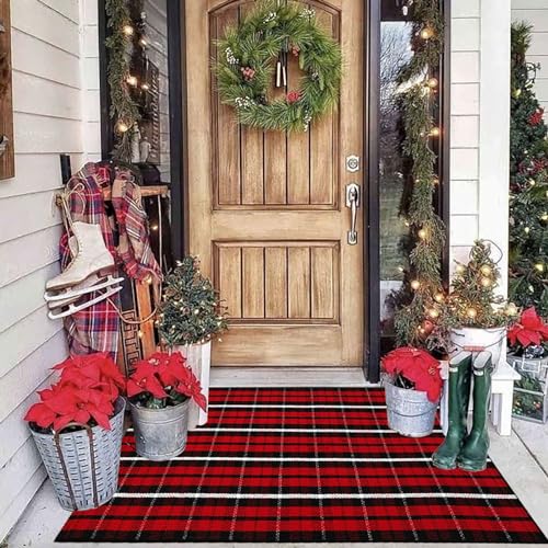 Christmas Plaid Outdoor Rug, 2'4" x 3'7" Red & Black Check Indoor/Outdoor Area Rug, Layering Rug for Hello/Welcome Door Mat, Machine Washable Cotton Woven Farmhouse Mat for Front Porch Décor - color: Christmas Plaid, size: 2'4" x 3'7" (Rectangular)