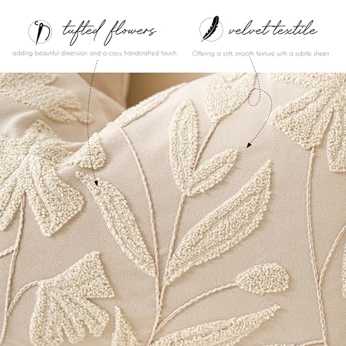 BlissBlush Decorative Throw Pillow Cover 20x20, Beige Neutral Velvet Accent Cushion Cover for Couch Sofa Living Room, Floral Tufted Square Pillowcase (Cover Only) - color: Beige Cream, size: 20" x 20" (Pack of 1)