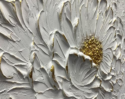 Boiee Art,30x45Inch Hand Painted Textured White Flower Oil Painting On Canvas Gold Acrylic Wall Art Abstract Landscape Paintings Stretched and Framed Ready to Hang - color: Creamy white&Gold, size: 30"L x 45"W