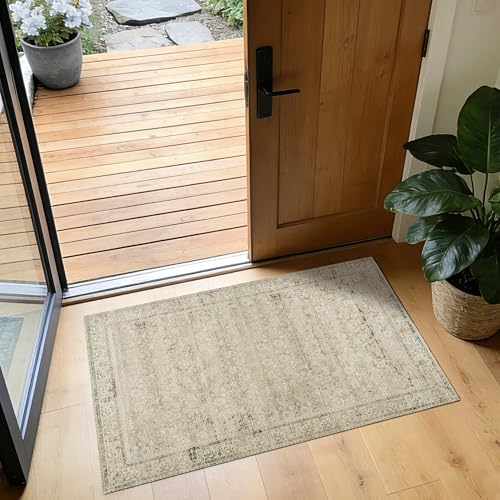 BILEEHOME Boho Kitchen Rug Washable,2x3 Non Slip Farmhouse Neutral Small Area Rug for Bathroom Bedroom Indoor Entrway Ultra Thin Fit Under Door,Tan Brown and Cream Beige - color: Cream&light Tan, size: 2' x 3' (Rectangular)
