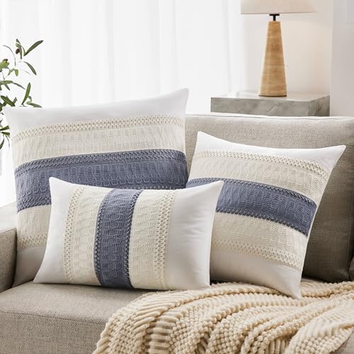 Soft Cotton Boho Throw Pillow Covers Set of 2, Natural White/Contrast Blue 16x16 Inch, Blue Farmhouse Decorative Cushion Covers for Sofa Bed Living Room Home Decor - color: Natural White/Contrast/Blue, size: 16" x 16" (Pack of 2)