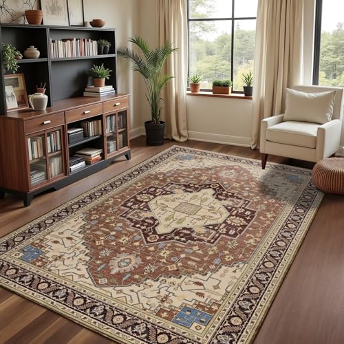 Macgace 4x6 Mousse Brown Area Rug for Living Room, Machine Washable Rugs with Non-Slip Backing for Bedroom, Vintage Medallion Carpet Kitchen Laundry Kids Room Decor - color: Brown & Beige, size: 4' x 6' (Rectangular)