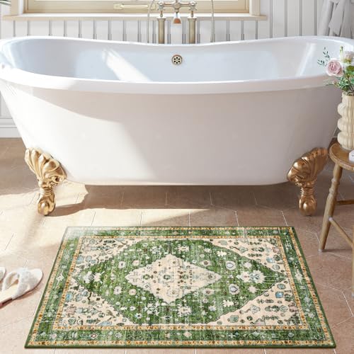 Lahome Felice Boho Tribal Area Rug, 2x3 Small Green Rug for Entryway, Soft Non Slip Washable Bathroom Mat Bohemian Low Pile Indoor Floor Door Carpet for Entryway Chair Bedroom Living Room, Green - color: Green, size: 2' x 3' (Rectangular)
