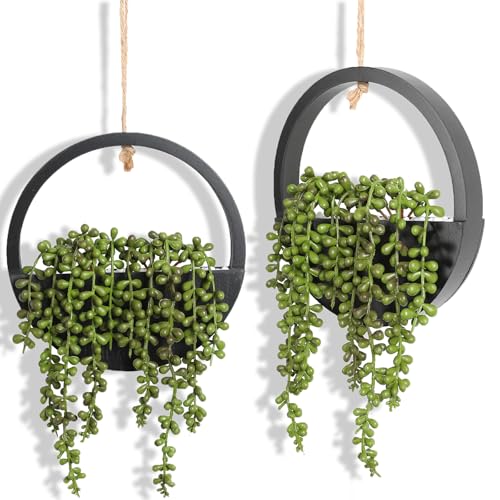 2 Pack Fake Plants Artificial Wall Hanging Plants, Boho Hanging Planter Fake Succulents Artificial String of Pearls in Black Wooden Pots with Lanyard for Home Office Wall Decoration - color: Black, size: 2 Pcs