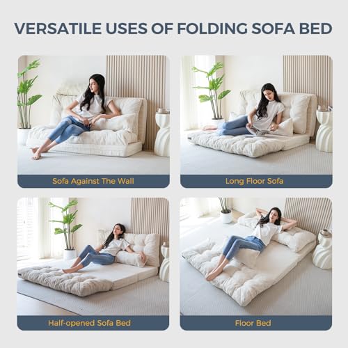 MAXYOYO Folding Sofa Bed, Tufted Bean Bag Bed with Pillows Floor Couch for Adults, Extra Thick and Long Floor Sofa, Full Floor Couch Bed for Bedroom Living Room, Beige, 54x91 Inch - color: Beige, size: Tufted Full