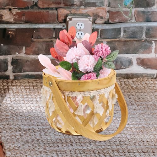 TOYANDONA Woven Flower Display Basket with Handle, Handcrafted Hollow Round Wood Strip Planter for Indoor Plant Pots and Decorative Storage in Pastoral Style