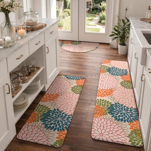 KIMODE Kitchen Mats for Floor Cushioned Anti Fatigue,Floral Farmhouse Kitchen Runner Rug Sets of 3 Non Slip,Waterproof Memory Foam Kitchen Carpet Runner Decor for Sink Laundry Bathroom,Colorful - color: Colorful, size: 18" x 28"+18" x 47"+18" x 59"-0.47 i