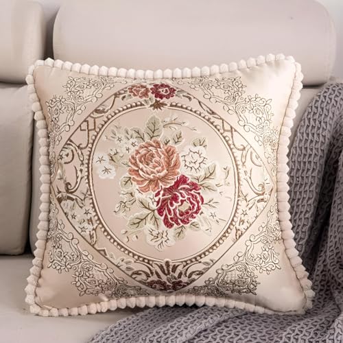 2Pcs Pillow Covers Decorative European Jacquard Vintage Embroidery Stereo Sofa Home Decor, Sofa Living Room, Couch, Bed 20x20 inches. (Cream Beige Pink pack2) - color: Cream Beige Pack2