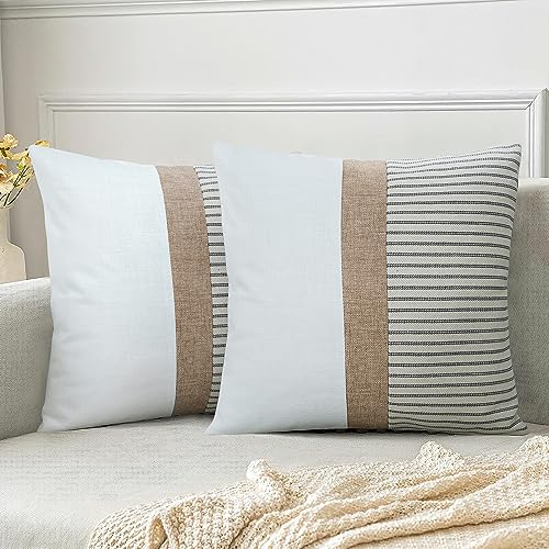 JASEN Farmhouse Pillow Covers 18x18, Modern Accent Square Throw Pillow Covers Set of 2, Grey and Beige Striped Patchwork Decorative Pillow Case for Sofa Couch Chair Bedroom - color: Grey, size: 18" x 18" (Pack of 2)