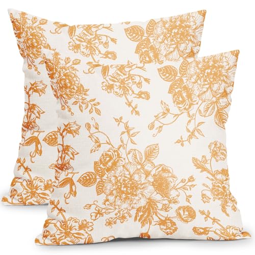Orange and Cream Floral Pillow Covers 18x18 Inch Set of 2 Vintage Floral Throw Pillow Covers Chinoiserie Flower Pillowcases Rustic Farmhouse Cotton Linen Cushion Covers for Couch Bed Sofa Decor - color: Orange, size: 18" x 18" (Pack of 2)