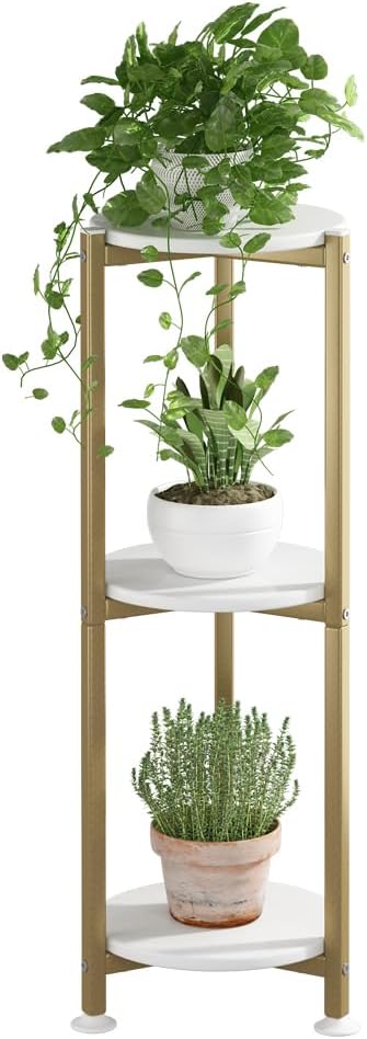 Plant Stand Indoor Outdoor 2 Tier Tall Metal Corner Storage Tiered Plant Shelf Holder Multiple for Living Room Balcony Garden,Black (3 Tier-Gold Round)
