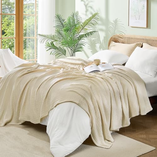 BEDELITE 100% Cotton Muslin Blankets for Adults - 4-Layer King Size Breathable and Lightweight Gauze Blanket for Couch, Bed, Travel and Summer, Soft & Cozy Gift for Women, Beige, 108"x90" - color: Beige, size: King(108"x90")