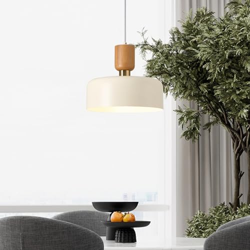 Modern Pendant Lighting,12 inch,Natural Wood and Brass Accent,Adjustable Pendant Light Fixtures for Kitchen Island,Dining Room,Soft Cream - color: Soft Cream