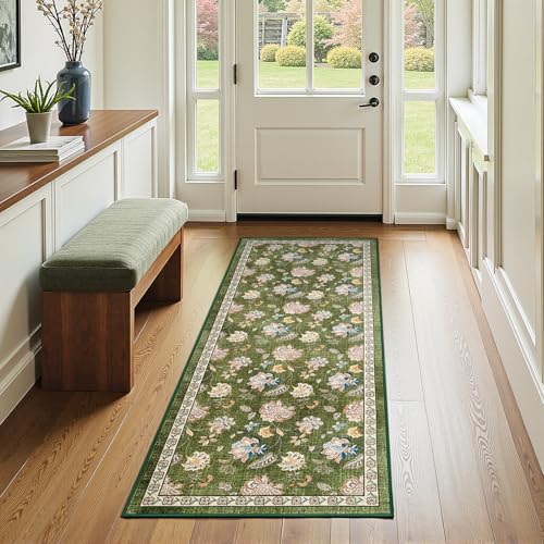 jinchan Elora 2x5 Floral Runner Rug for Hallway Washable Kitchen Runner Vintage Romance Design Non Slip Thin Indoor Floor Cover Low-Profile Throw Carpet for Entryway Bathroom Bedroom Porch, Green - color: Bloom Green, size: 2' x 5' (Light Weight)