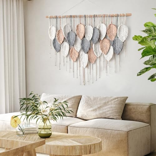 Alynsehom Large Macrame Wall Hanging, Boho Woven Tapestry, Chic Modern Bohemian Handmade Leaf Feather Wall Art Home Decor for Apartment Dorm Living Room Bedroom Nursery Backdrop (39" W X 29.5" L) - color: Pink Beige-39"W x 29.5"L