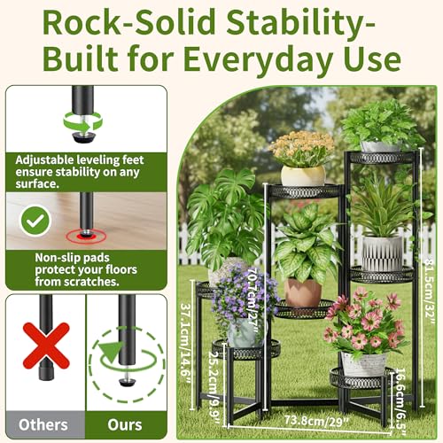 Plant Stand Indoor Outdoor, 7 Tier Large Plant Stand with 7.9-Inch Wide Drainage Tray, Tiered Corner Metal Iron Flower Display Holder Shelf, Folding Tall Rack for Patio Balcony Porch - BlackFlower - color: BlackFlower, size: 7-tiers