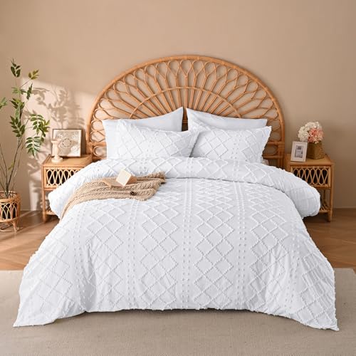 Manyshofu 5Pcs Boho Full Duvet Cover Set - Tufted White Duvet Cover Pattern, Shabby Chic Boho Bedding Set Textured Comforter Covers with Embroidery Pillow Shams
