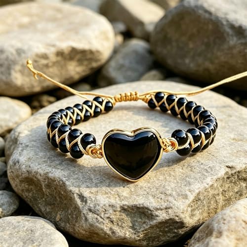 Women Boho Wrap Bracelet,Handmade Natural Stone Crystal Emperor Beads Heart Bracelet, Fashion Bohemian Jewelry Gift for Women - color: Black