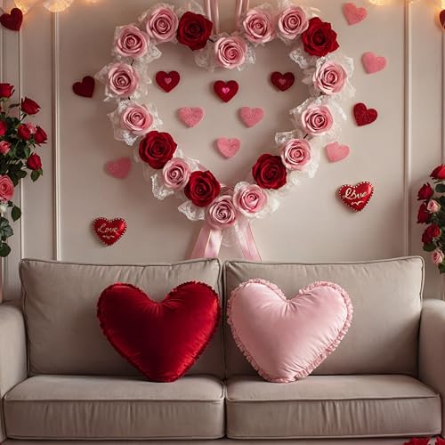 Roowest 2 Pack Valentine's Day Velvet Heart Pillows Soft Decorative Cute Love Fringe Throw Pillow Back Cushion for Girls Women Bed Sofa Couch Living Room Home Decor Wedding Gift(Red Pink)