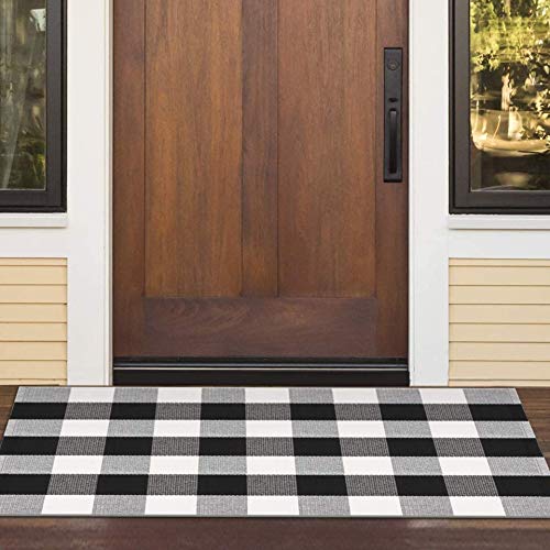 Outdoor Front Door Porch Rug 2x4.3 ft Front Door Rugs Stripe Black White Layering Under Door Mats Rugs. Cotton Woven Checkered Runner, Carpet for Farmhouse Laundry Welcome Deocr