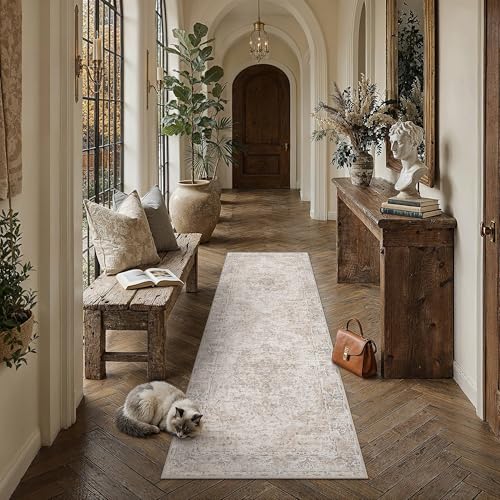 HUGEAR Hallway Runner Rugs 2x6 Washable Rug Beige Vintage Rug Carpet Low Pile Non Slip No Shedding Soft Durable Indoor Bedroom Kitchen Home Decor Floor Mat - color: Beige, size: 2' x 6' (Runner)