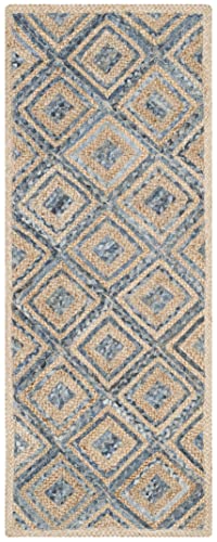 SAFAVIEH Cape Cod Collection Runner Rug - 2'3" x 16', Natural & Blue, Handmade Flat Weave Diamond Braided Jute & Denim, Ideal for High Traffic Areas in Living Room, Bedroom (CAP354A) - color: Natural/Blue, size: 2'3" x 16' (Runner)