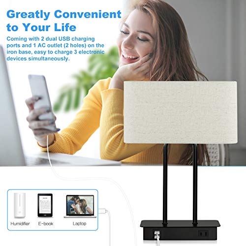 Bedside Touch Control Table Lamp with Dual USB Charging Ports 1 AC Outlet, 3 Way Dimmable Modern Nightstand Lamp with Cream Fabric Shade, Desk Lamp for Bedroom Living Room Office with 5000K LED Bulb - color: Cream