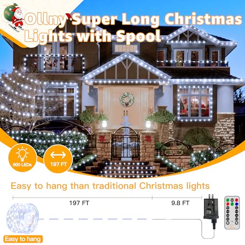 Ollny Christmas Lights Cool White, 600LED 197FT Christmas Tree Lights IP67 Waterproof, Plug in Fairy Lights with Remote 8 Modes Timer, Xmas Light for Outdoor Indoor House Holiday Decor (Pack of 2) - color: Cool White, size: 600 LEDs (Pack of 2)