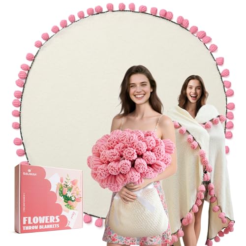 Flower Bouquet Blanket, Birthday Gifts for Mom Teacher Women Grandkids Wife Girlfriend Her, Crochet Flower Blanket, Soft Knitted Throw Blankets for Teacher Appreciation Housewarming Gifts (Pink roses) - color: A-pink Roses