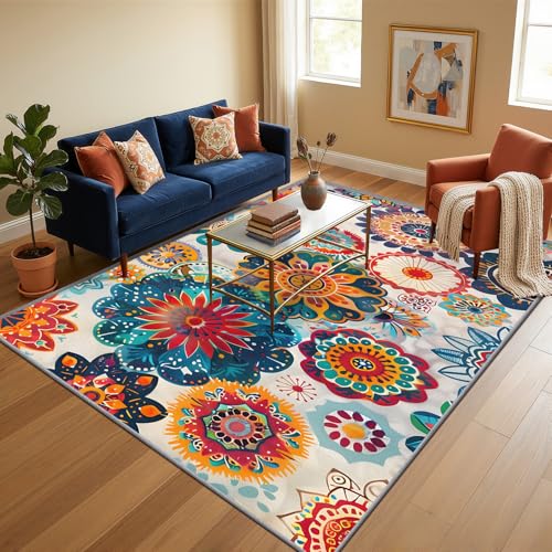 Colorful Medallion Rug - Mandala Bohemian Rug, 2x3 ft Washable Non-Slip Multicolor Abstract Floral Area Rugs, Hippie Boho Carpet for Entryway, Kitchen, Bedside, Vibrant Home Decor & Gifts - color: Beige Blue Red Orange, size: 2' x 3' (Rectangular)