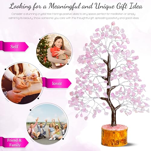 Crocon® Rose Quartz Crystals Tree, Birthday Gifts for Women, Mom, Sister & Girlfriend | Pink Room Decor Healing Crystals | House Warming Gifts Unique Spiritual Present Idea for Woman & Men Decoration - color: 002 Aa Rose Quartz (Sliver Wire)