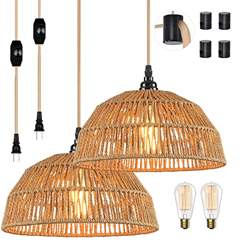 Plug in Pendant Light, Farmhouse Hanging Chandelier Lights with 15ft Golden Cotton Cord, Ceiling Lamp with Dimmable Switch, for Kitchen Island Living Room-2 Pack (Bulb & 4 Swag Hooks Included) - color: Rattan 11.8"-2PK