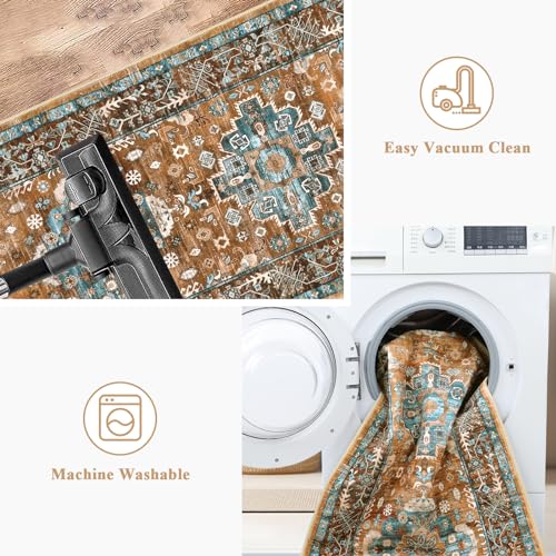 Pauwer Boho Hallway Runner Rug 2x6 Washable Entryway Area Rugs Non Slip Farmhouse Vintage Floor Mat Carpet Runner for Hallways Laundry Room Kitchen Bathroom Bedroom - color: Vintage Rust Teal, size: 2' x 6' (Runner)