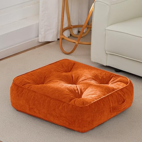 HIGOGOGO 6" Extra Thick Floor Pillow Cushion for Adults, Meditation Cushion Pillow with Handle, Lustrous Chenille Tufted, Square Floor Sitting for Tatami Living Room or Yoga, 22x22 Inch, Orange - color: Square Orange, size: 6" Thick(Pack of 1)