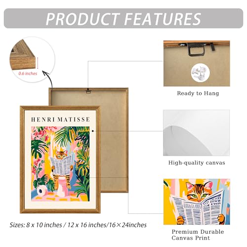 ICHZUMW Funny Tabby Cat Bathroom Wall Art, Framed Colorful Matisse Canvas Print Painting Artwork, Quirky Animal Reading Picture, Girly Pink Dopamine Wall Decor, Restroom Powder Room Bedroom, 16x24in - color: Matisse Reader, size: 24"L x 16"W