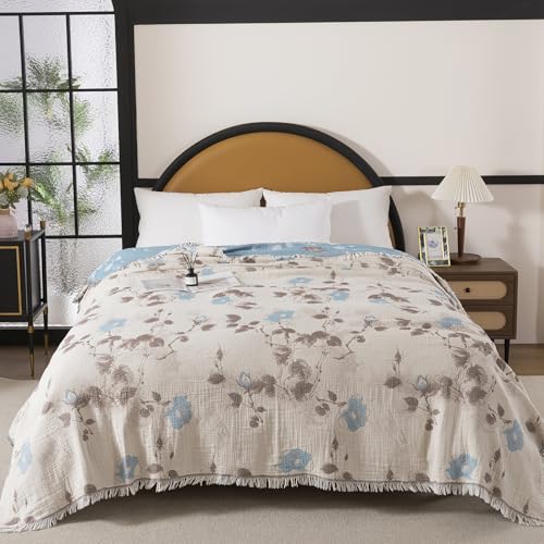 Lemfux 4-Layer 100% Cotton Muslin Cooling Blanket, Boho Floral Gauze Throw with Fringe, Ultra Soft Breathable Lightweight Bedspread Coverlet for Bed Sofa Couch - color: Dusty Blue Floral, size: 80"x90"