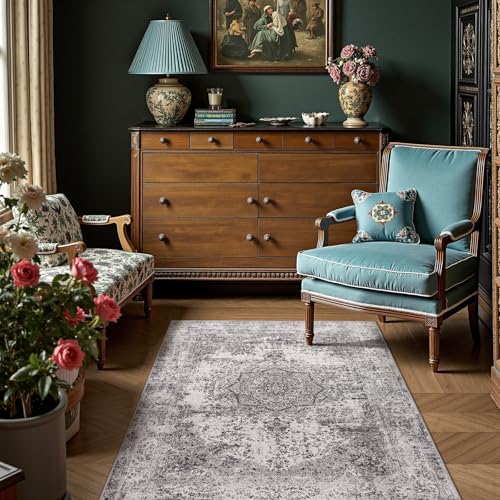 jinchan Area Rug 3x5 Washable Doormat Vintage Distressed Rug Door Mat Indoor Entrance Thin Traditional Gray Floral Lightweight Non Slip Carpet for Kitchen Bedroom Living Room Grey - color: Vintage Grey, size: 3' x 5' (Rectangular)