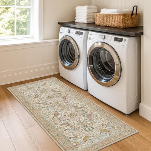 Hazo Haus Boho Bathroom Runner Rug 2x5 - Floral & Bird Runner Rug for Kitchen Floor, Hallway, Laundry Room, Bedroom, Entrance, Beige Neutral Vintage Decor, Washable Non Slip Low Pile - color: Beige, size: 2' x 5' (Runner)