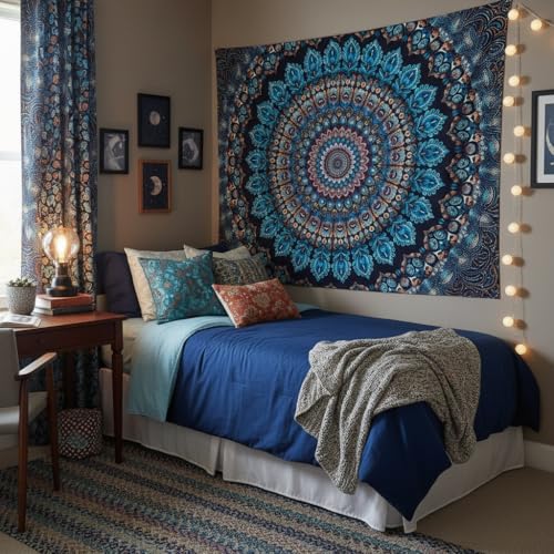 Motanber Blue Mandala Tapestry Wall Hanging Vintage Medallion Tapestry Aesthetic Hippie Boho Floral Cool Cute Small Tapestries for Bedroom Living Room Dorm Decor 60 x 44 Inch - color: Navy Blue, size: 60"L x 44"W