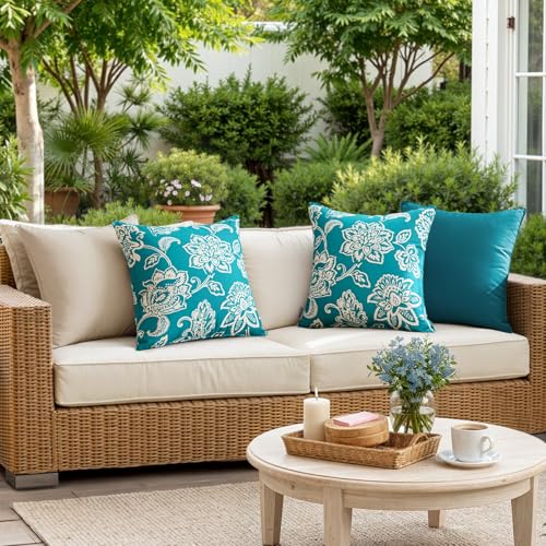 Decorative Outdoor Floral Pillow Covers Set of 2,Waterproof Boho Farmhouse Throw Pillows Summer Coastal Accent Pillowcases for Patio Furniture Garden Sofa 18x18 Inch, Teal Blue - color: Teal Blue