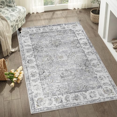 jinchan Fiora Floral Area Rug 3x5, Distressed Vintage Floral Washable Rug with Low-Pile Surface and Non-Slip Backing, for Bedroom Nursery Reading Corner Home Office and Small Living Spaces, Grey - color: Distressed Grey, size: 3' x 5' (Light Weight)