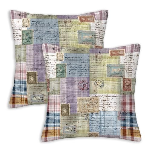 Vintage Postmark Throw Pillow Covers 18x18 Set of 2 | Retro Patchwork Cushion Cases for Couch Sofa Bed | Rustic Cottage Decorative Pillow Covers for Living Room Bedroom - color: Vintage Postmark
