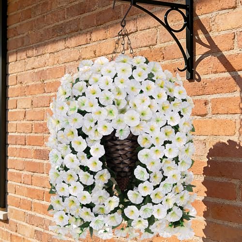 Artificial Fake Flowers Plants Hanging Baskets for Outdoor Outside Decor, Faux Silk Hanging White Morning Glory Trailing Vines UV Resistant for Porch Patio Home Decoration - color: White