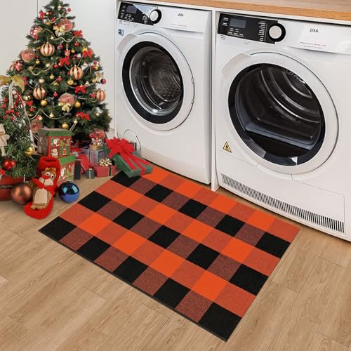 Buffalo Plaid Rug Small Checkered Rug 2x3 Orange and Black Front Door Mat, Christmas Halloween Thanksgiving Washable Fall Doormat Cotton Outdoor Rug for Front Porch Entryway Patio Bathroom - color: Black and Orange, size: 2‘×3’