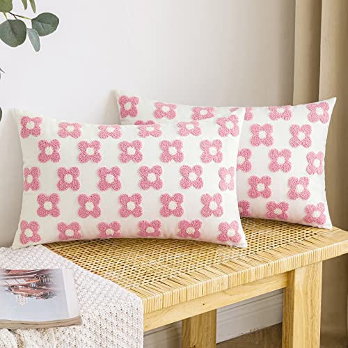 EMEMA Decorative Throw Pillow Covers Daisy Sun Flower Jacquard Pillowcase Cushion Case Rectangle for Couch Sofa Bed Living Room Bedroom Set of 2, 12x20 Inch, Pink and White - color: A-pink and White, size: 20" x 12" (Pack of 2)
