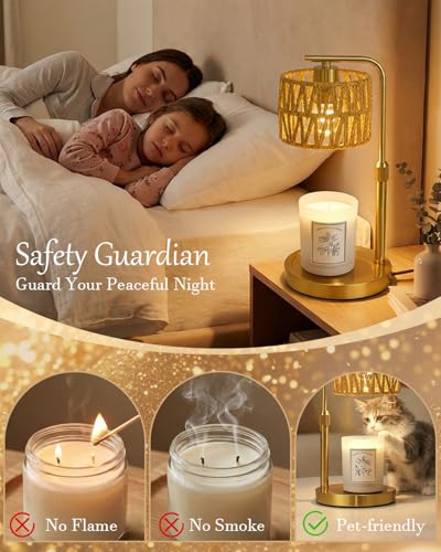 Candle Warmer Lamp with Timer, Dimmable Candle Warmer for Jar Candles, Height Adjustable Candle Lamp Warmer, Boho Rattan Lampshade and 2 Bulbs, Gift for Home Room Decor, Gifts for Women Mom (Gold) - color: Boho-gold