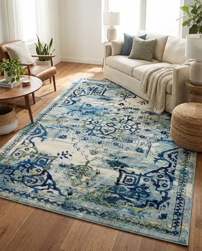 Rugs.com Fleur Collection Rug – 7' x 10' Blue Medium-Pile Rug Perfect for Bedrooms, Dining Rooms, Living Rooms - color: Blue 12, size: 7' x 10' (Rectangular)