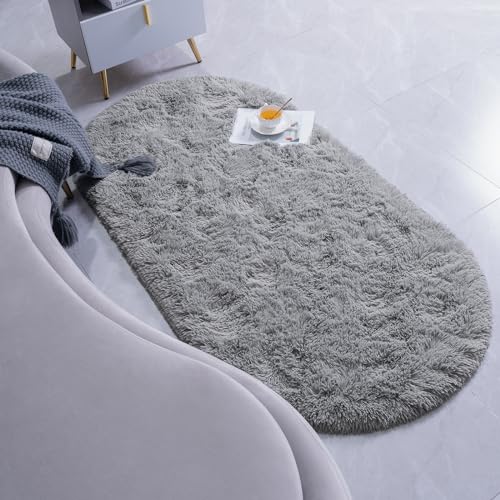 Goideal Fluffy Bedroom Rug, Small Oval Area Rugs, Gray Shag Bedside Carpet for Kids Room Nursery Dorm Cute Fuzzy Indoor Decor for Boy and Girl, 2.6 x 5.3 Feet - color: Grey