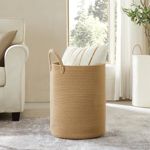 60L Jute Woven Laundry Hamper Basket Wicker Rope Clothes Hamper Tall Rattan Blanket Basket in Living Room Bedroom 15Dx20H Inches Large - color: Jute, size: Large (60L)