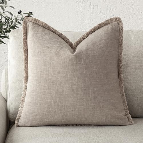 Foindtower Decorative Linen Fringe Throw Pillow Covers Boho Farmhouse Cushion Cover with Tassels Soft Accent Pillowcase for Chair Sofa Bed Living Room Home Decor, 16×16 Inch,1PC,Natural Linen - color: Natural Linen, size: 16" x 16" (Pack of 1)